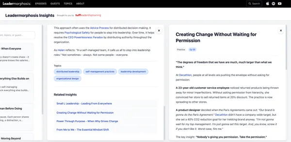 Individual insight page showing related concepts and source episodes