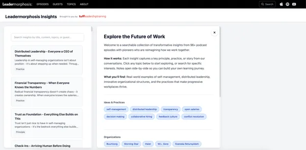 Knowledge insights overview showing interconnected concepts from Leadermorphosis episodes